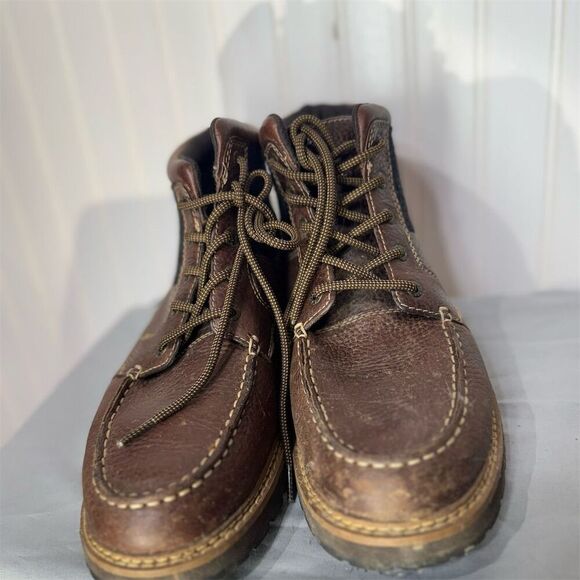 G.H. Bass Malcolm Men’s 10M Brown Leather Moc Toe Boots Wool Panel Lug Sole - Picture 3 of 7